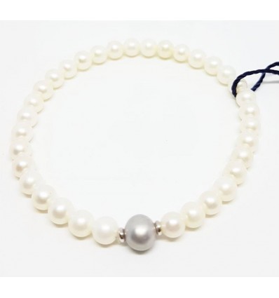 Bracciale in perle bianche e grigie Kioto con sfera oro bianco
