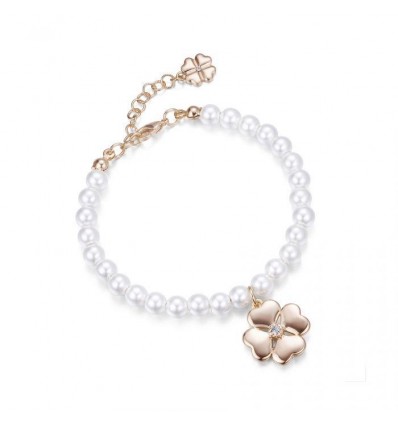 Bracciale da donna Luca Barra in perle sintetiche con ciondolo quadrifoglio acciaiorosè